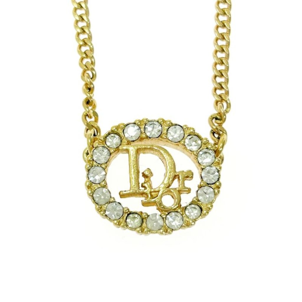 Christian Dior Gp Rhinestone Logo Oval Necklace